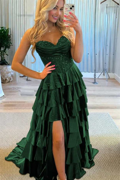 Sweetheart Tiered Long Formal Prom Dress With Slit  P2516