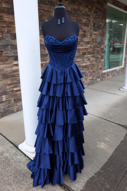 Sweetheart Tiered Long Formal Prom Dress With Slit  P2516