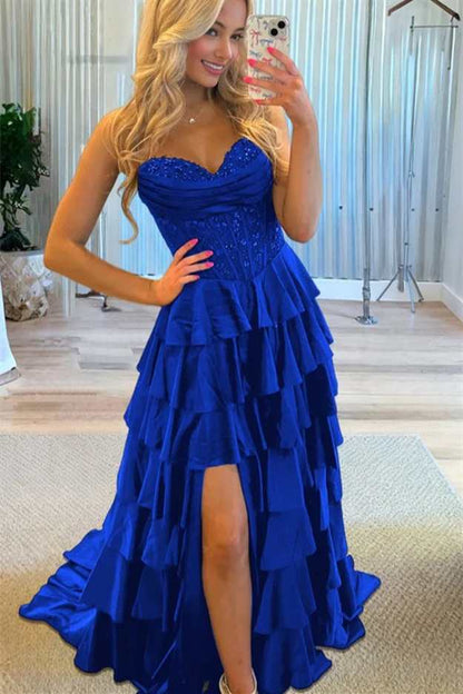 Sweetheart Tiered Long Formal Prom Dress With Slit  P2516