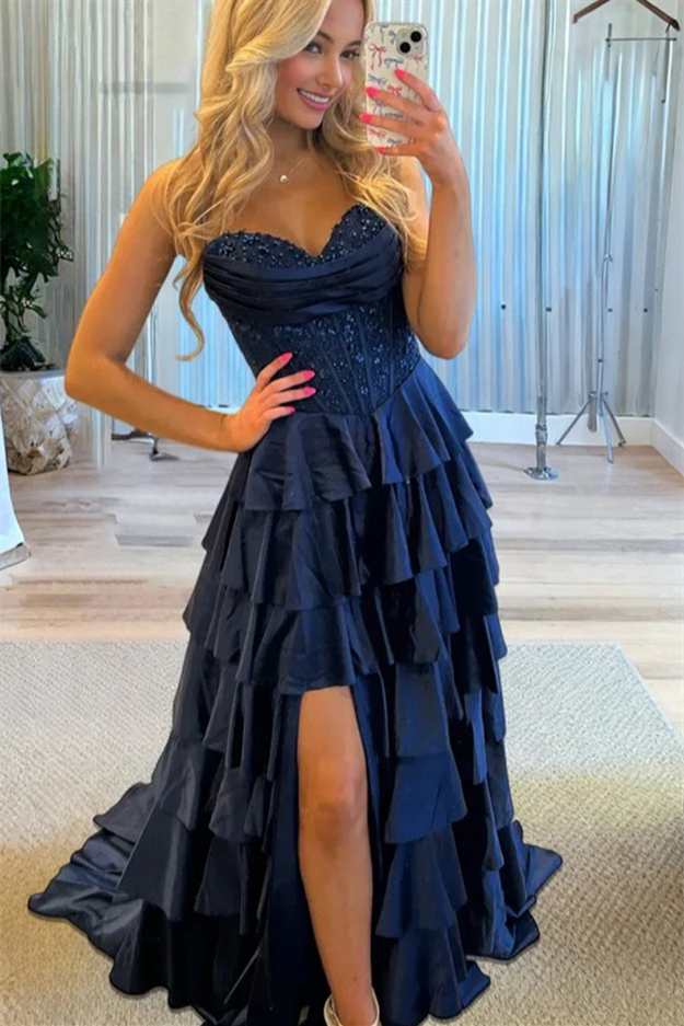 Sweetheart Tiered Long Formal Prom Dress With Slit  P2516