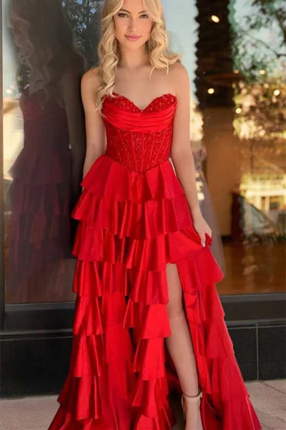 Sweetheart Tiered Long Formal Prom Dress With Slit  P2516