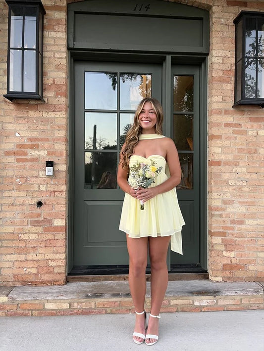Sweetheart Yellow Chiffon Homecoming Dress With Scarf  P2194