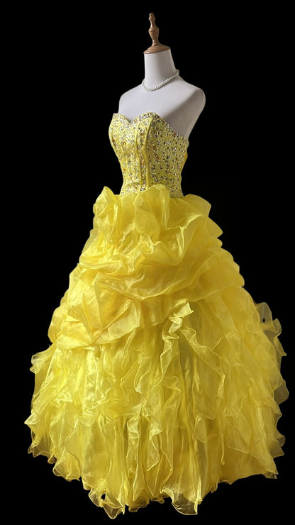 Sweetheart Yellow Organza Birthday Gown A Line Ruffled Formal Prom Dress P1887