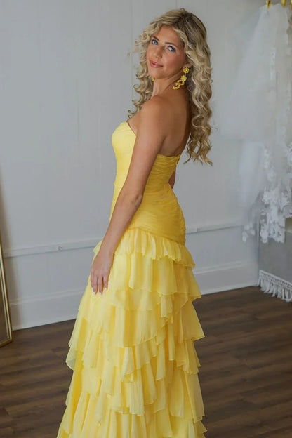 Sweetheart Yellow Prom Dress Chiffon Ruffled Formal Dress With Slit  P956
