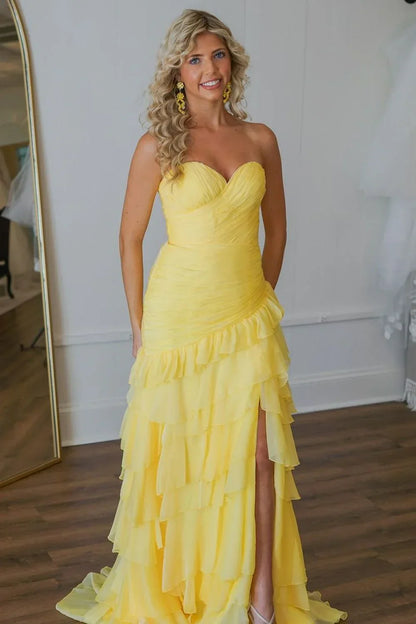 Sweetheart Yellow Prom Dress Chiffon Ruffled Formal Dress With Slit  P956