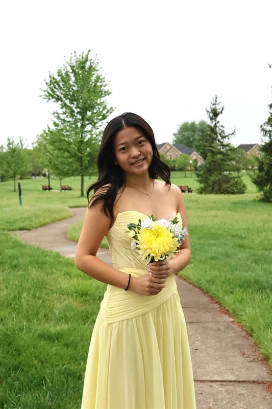 Sweetheart Yellow Ruched A-Line Long Dress With Scarf  P2489
