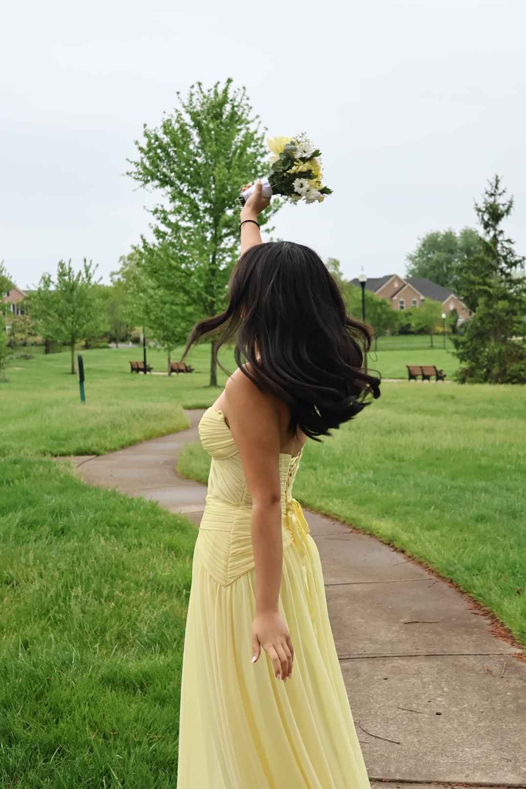 Sweetheart Yellow Ruched A-Line Long Dress With Scarf  P2489