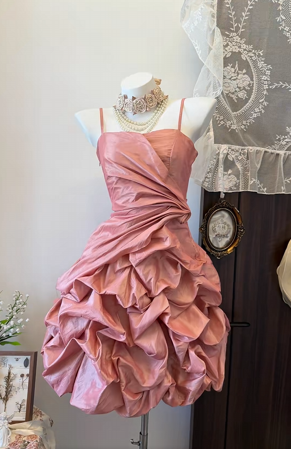 Spaghetti Straps Pink Taffeta Homecoming Dress Sweet Birthday Dress  P2021
