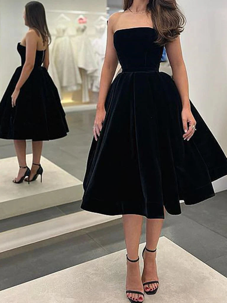 Tea Length Black Velvet Prom Dresses Homecoming Dresses  P2358
