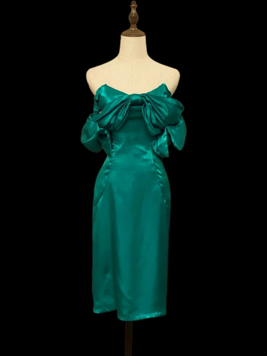 Turquoise Green Sheath Satin Homecoming Dress With Bow  P1672