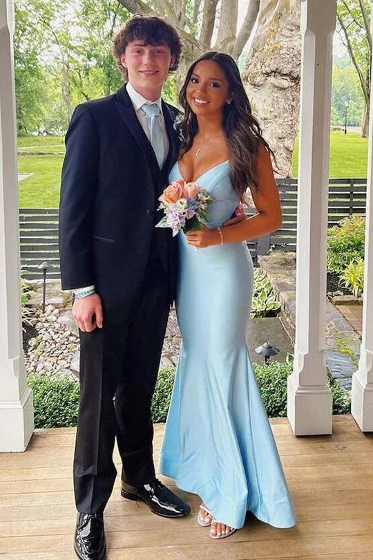 V-Neck Blue Mermaid Satin Formal Prom Dress Backless Evening Dress  P1032