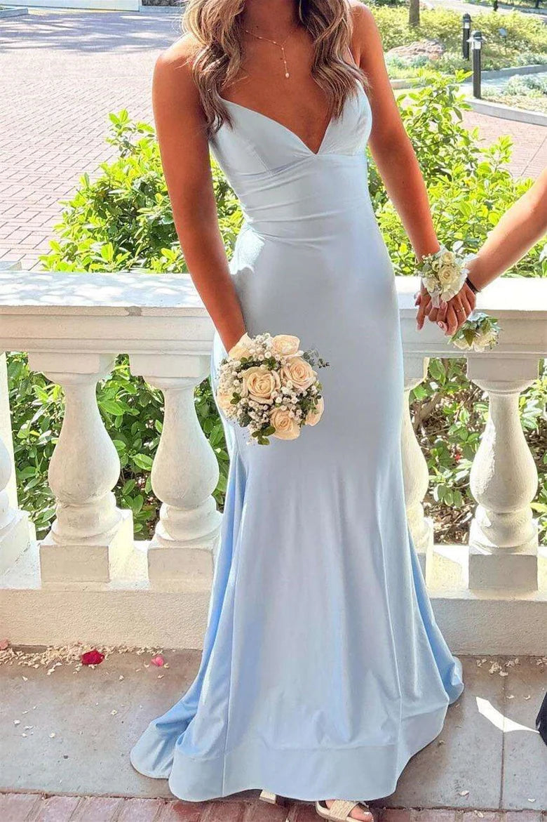 V-Neck Blue Mermaid Satin Formal Prom Dress Backless Evening Dress  P1032