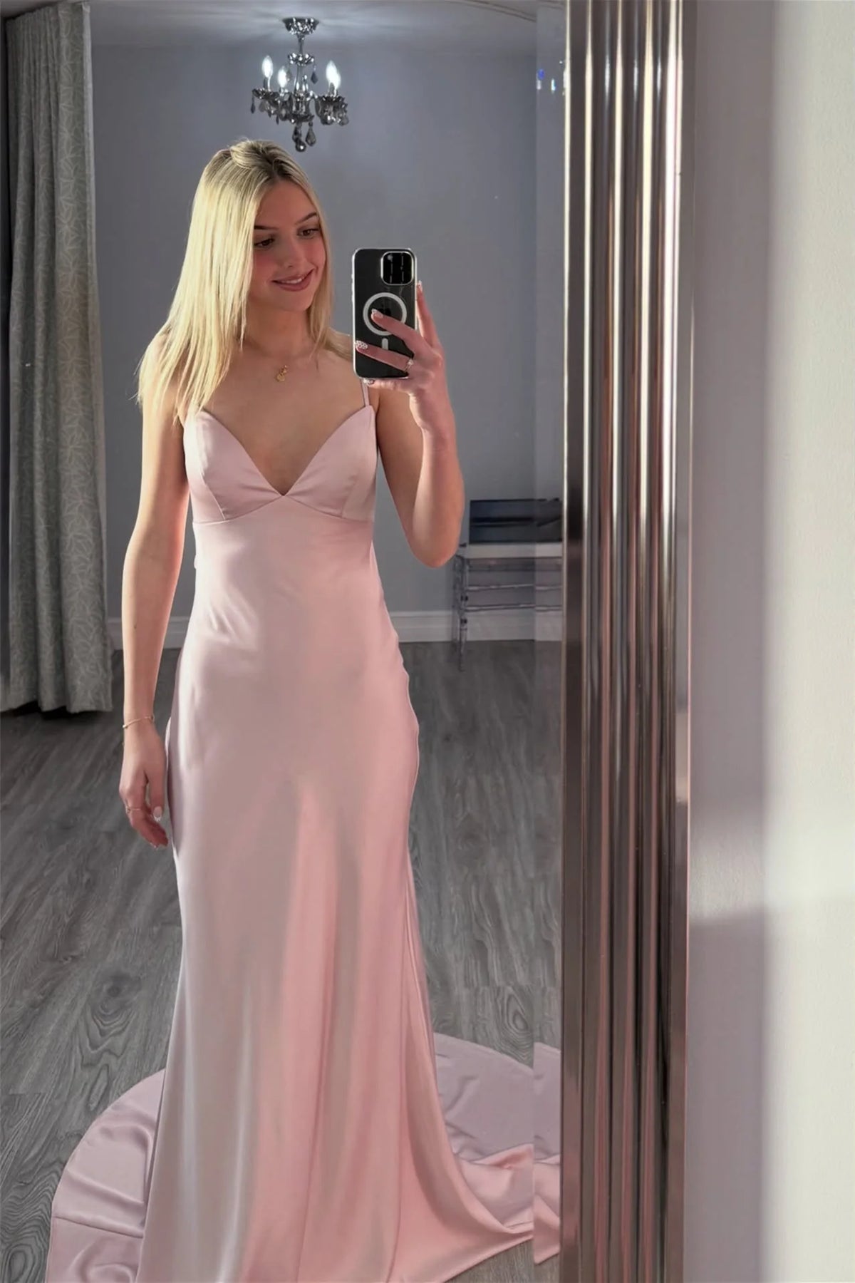 V-Neck Light Pink Back Tie Mermaid Long Prom Dress  P2497