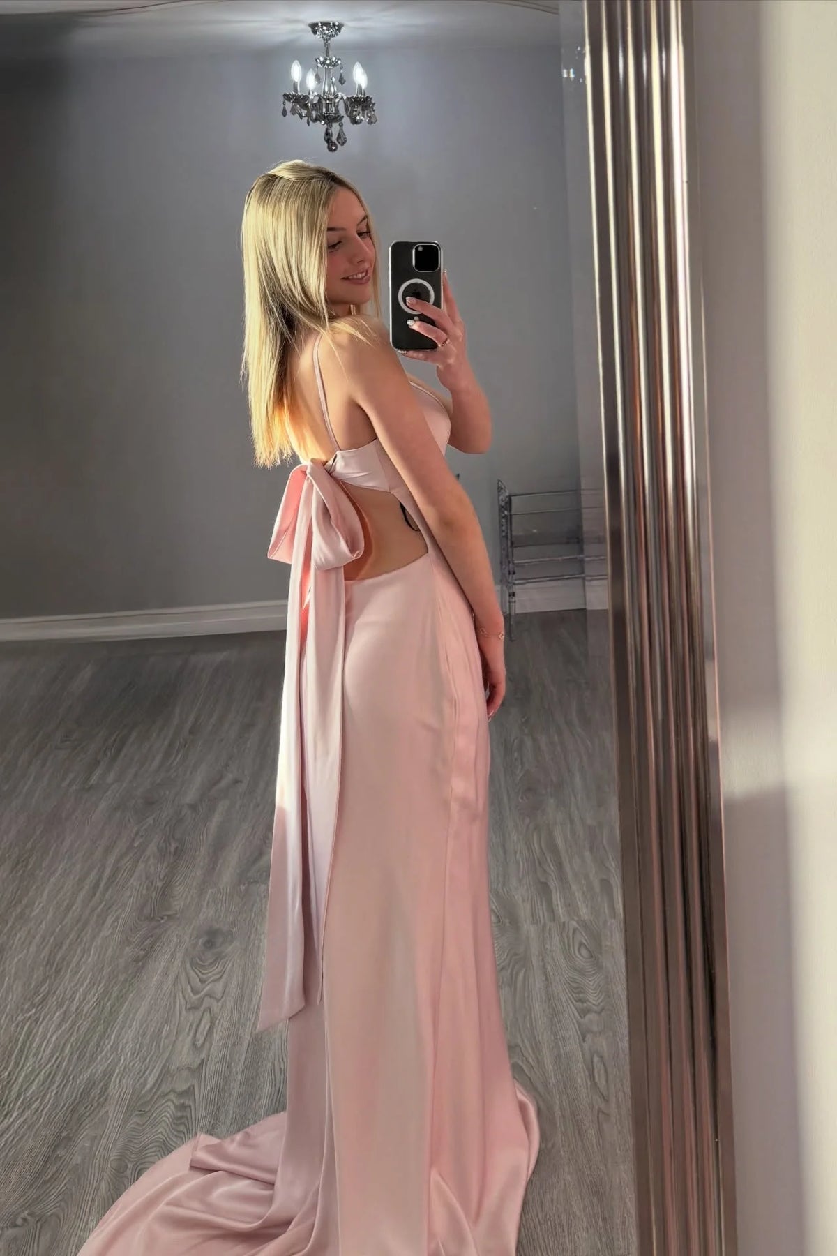 V-Neck Light Pink Back Tie Mermaid Long Prom Dress  P2497