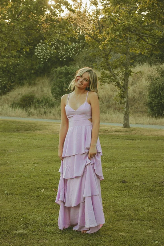 V-Neck Lilac Tiered Long Formal Prom Dress  P2536