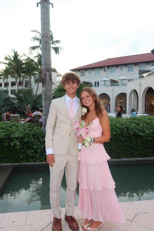 V-Neck Pink Pleated Tiered Chiffon Long Prom Dress  P2459