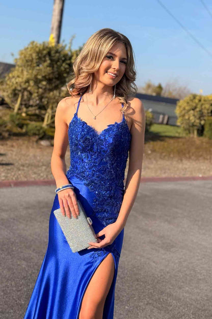 V-Neck Royal Blue Appliques Long Prom Dress With Slit   P2473