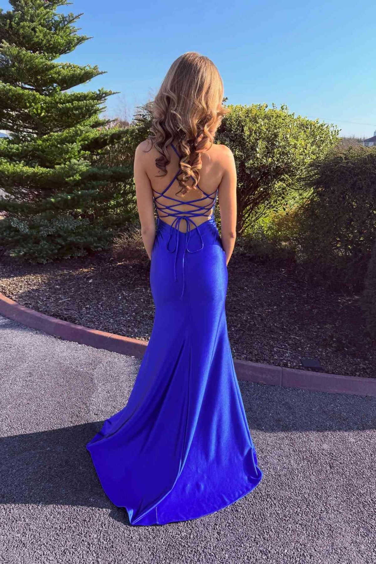V-Neck Royal Blue Appliques Long Prom Dress With Slit   P2473