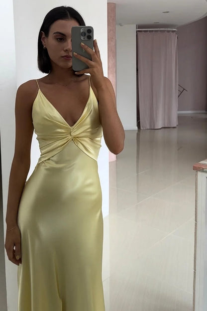 V-Neck Satin Wedding Guest Dress With Front Skit Formal Evening Gown  P2498