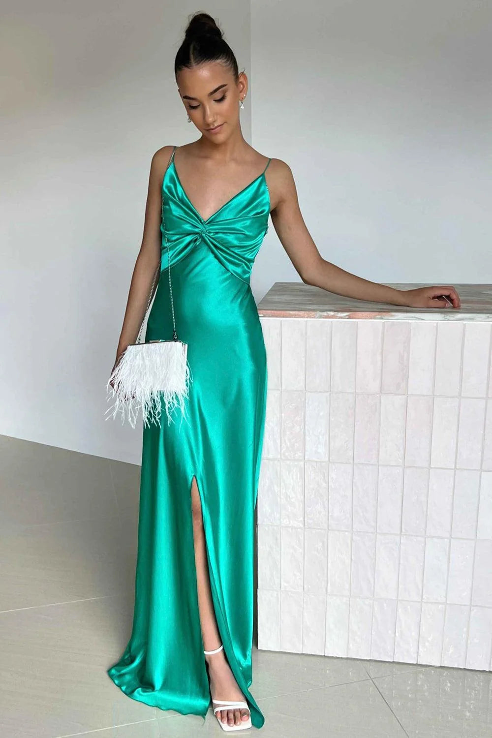 V-Neck Satin Wedding Guest Dress With Front Skit Formal Evening Gown  P2498