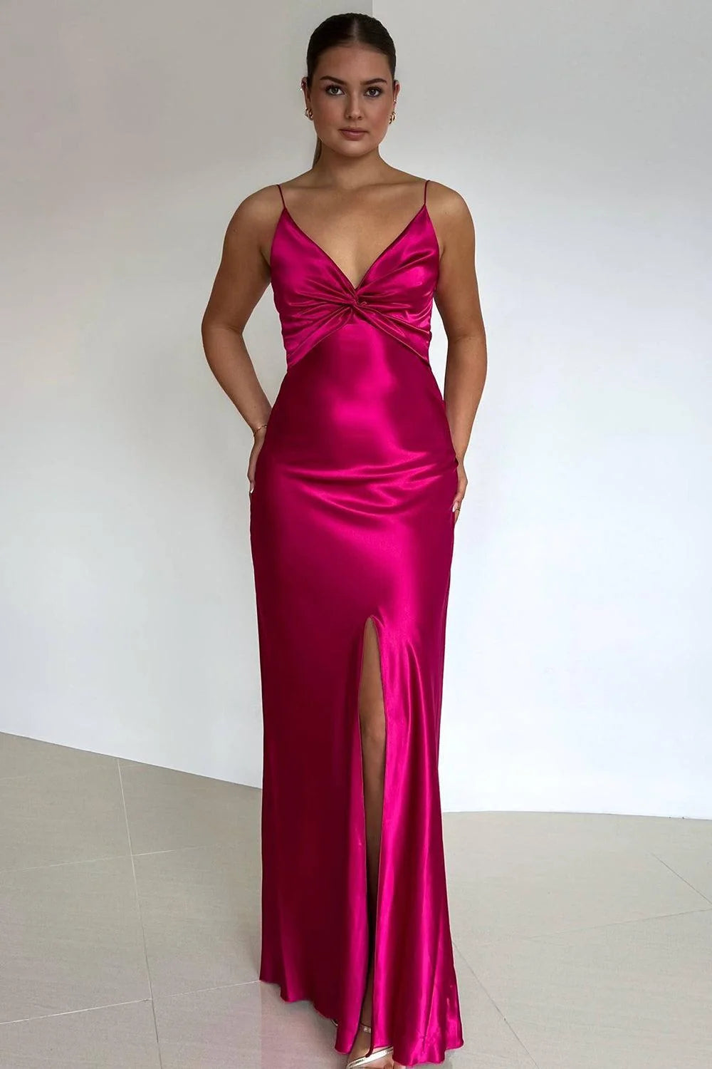 V-Neck Satin Wedding Guest Dress With Front Skit Formal Evening Gown  P2498