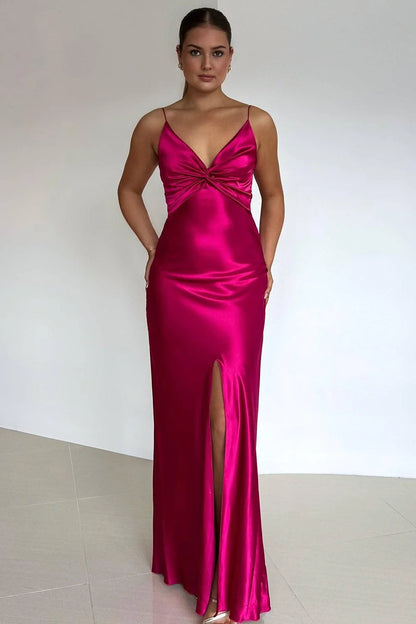 V-Neck Satin Wedding Guest Dress With Front Skit Formal Evening Gown  P2498