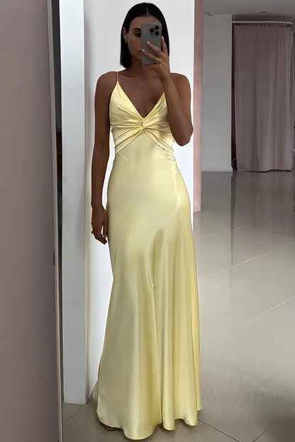V-Neck Satin Wedding Guest Dress With Front Skit Formal Evening Gown  P2498