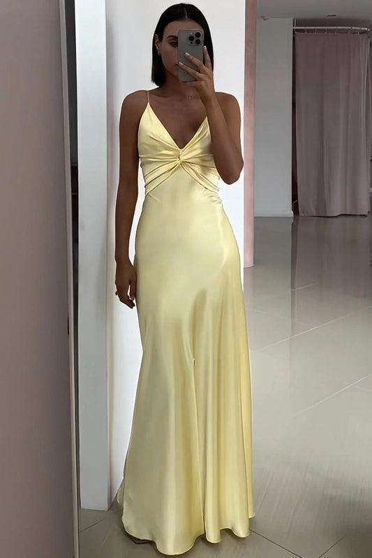 V-Neck Satin Wedding Guest Dress With Front Skit Formal Evening Gown  P2498
