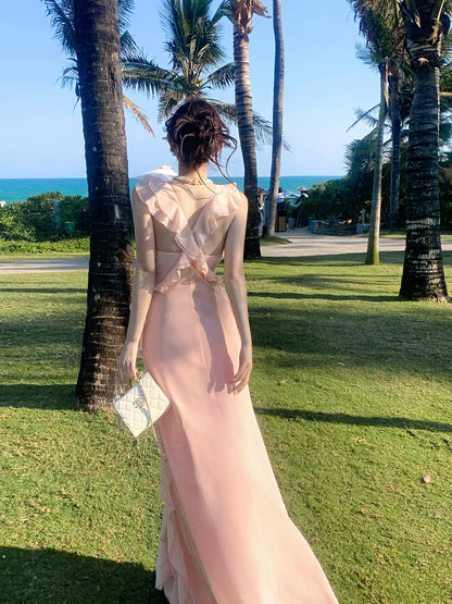 V-neck Ruffle Long Dress Chiffon Formal Wedding Guest Dress  P1399