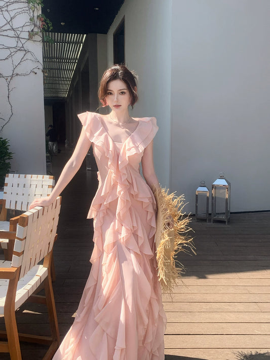 V-neck Ruffle Long Dress Chiffon Formal Wedding Guest Dress  P1399