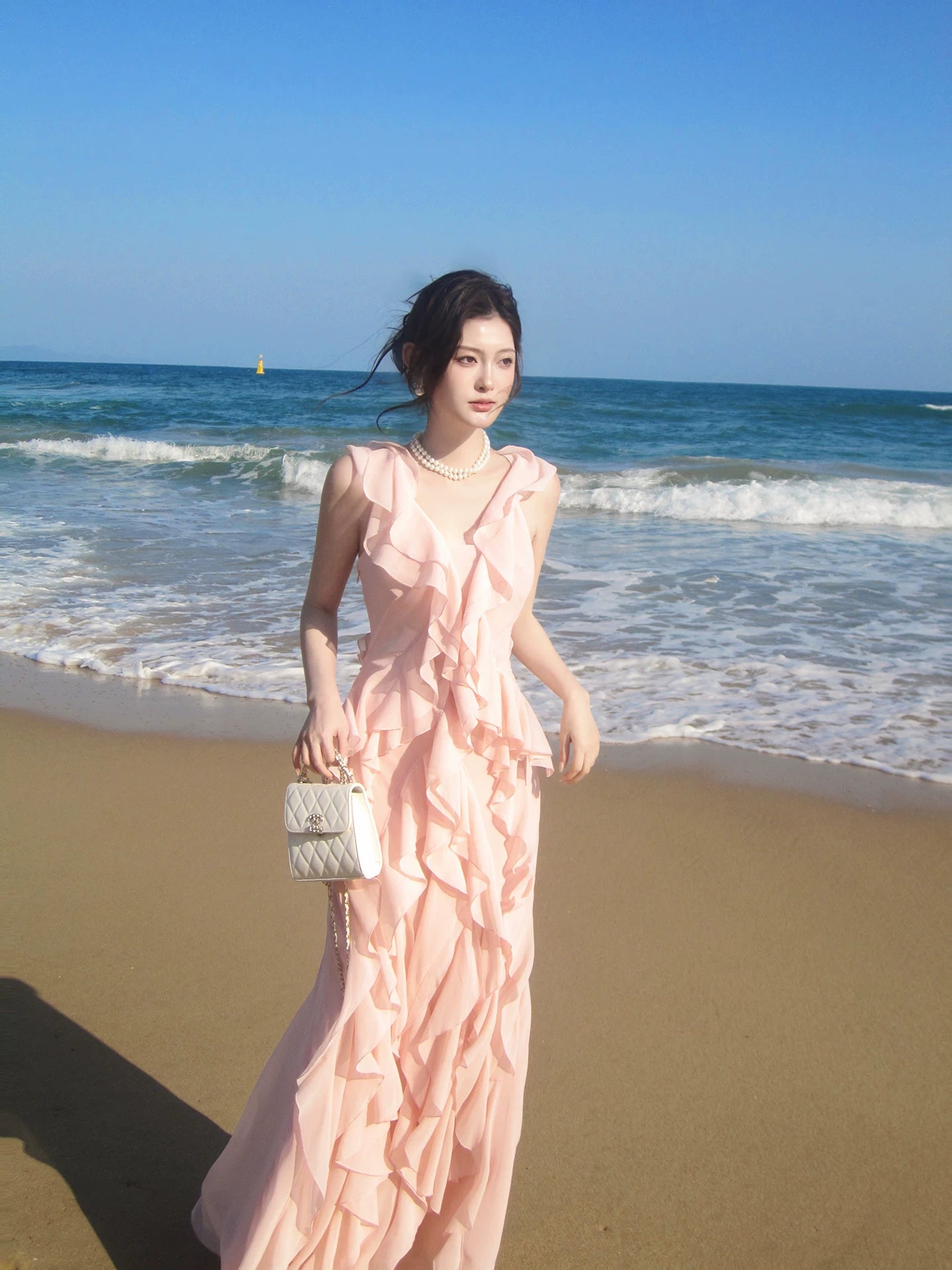 V-neck Ruffle Long Dress Chiffon Formal Wedding Guest Dress  P1399