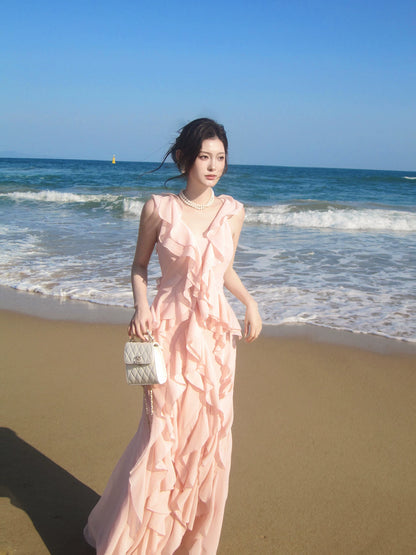 V-neck Ruffle Long Dress Chiffon Formal Wedding Guest Dress  P1399