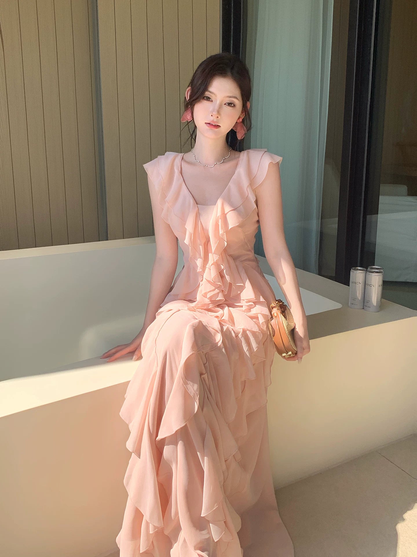 V-neck Ruffle Long Dress Chiffon Formal Wedding Guest Dress  P1399