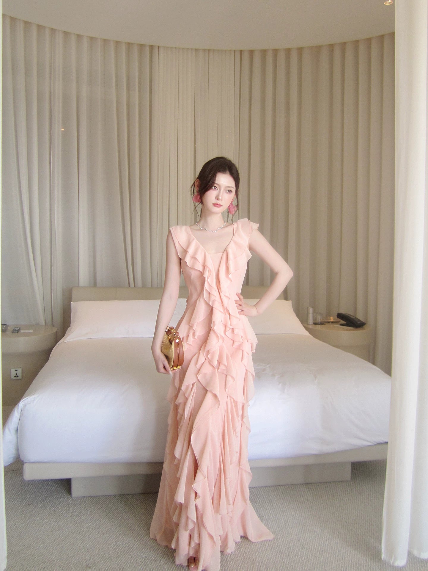 V-neck Ruffle Long Dress Chiffon Formal Wedding Guest Dress  P1399