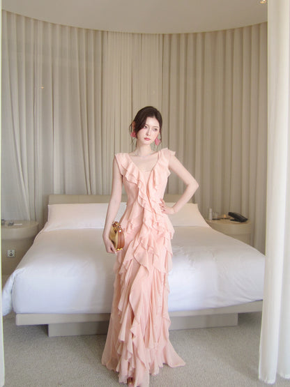V-neck Ruffle Long Dress Chiffon Formal Wedding Guest Dress  P1399