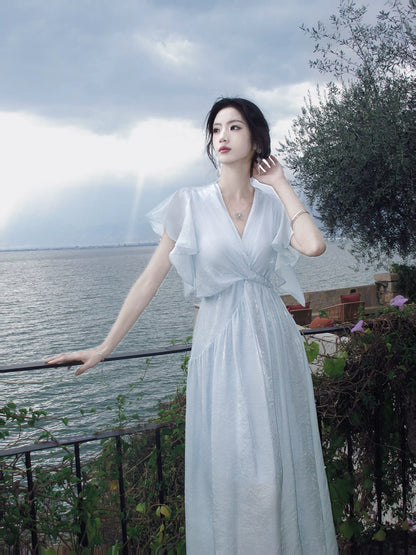 V Neck A Line Blue Modest Wedding Guest Dress  P1637