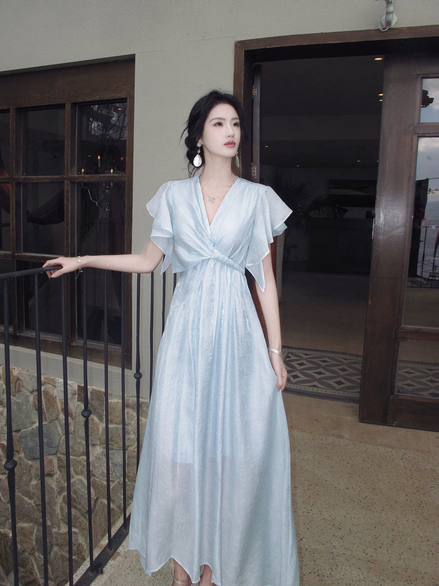 V Neck A Line Blue Modest Wedding Guest Dress  P1637