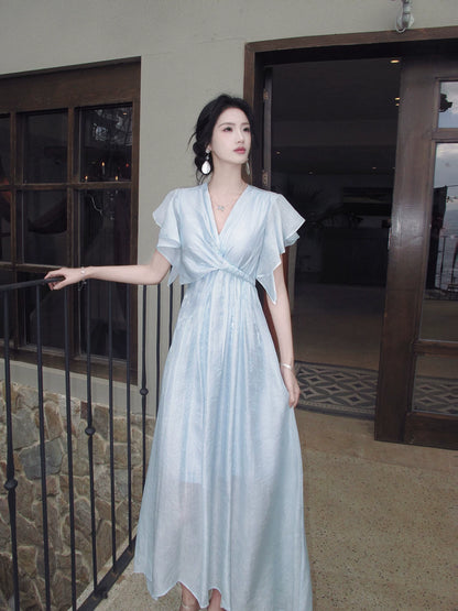 V Neck A Line Blue Modest Wedding Guest Dress  P1637