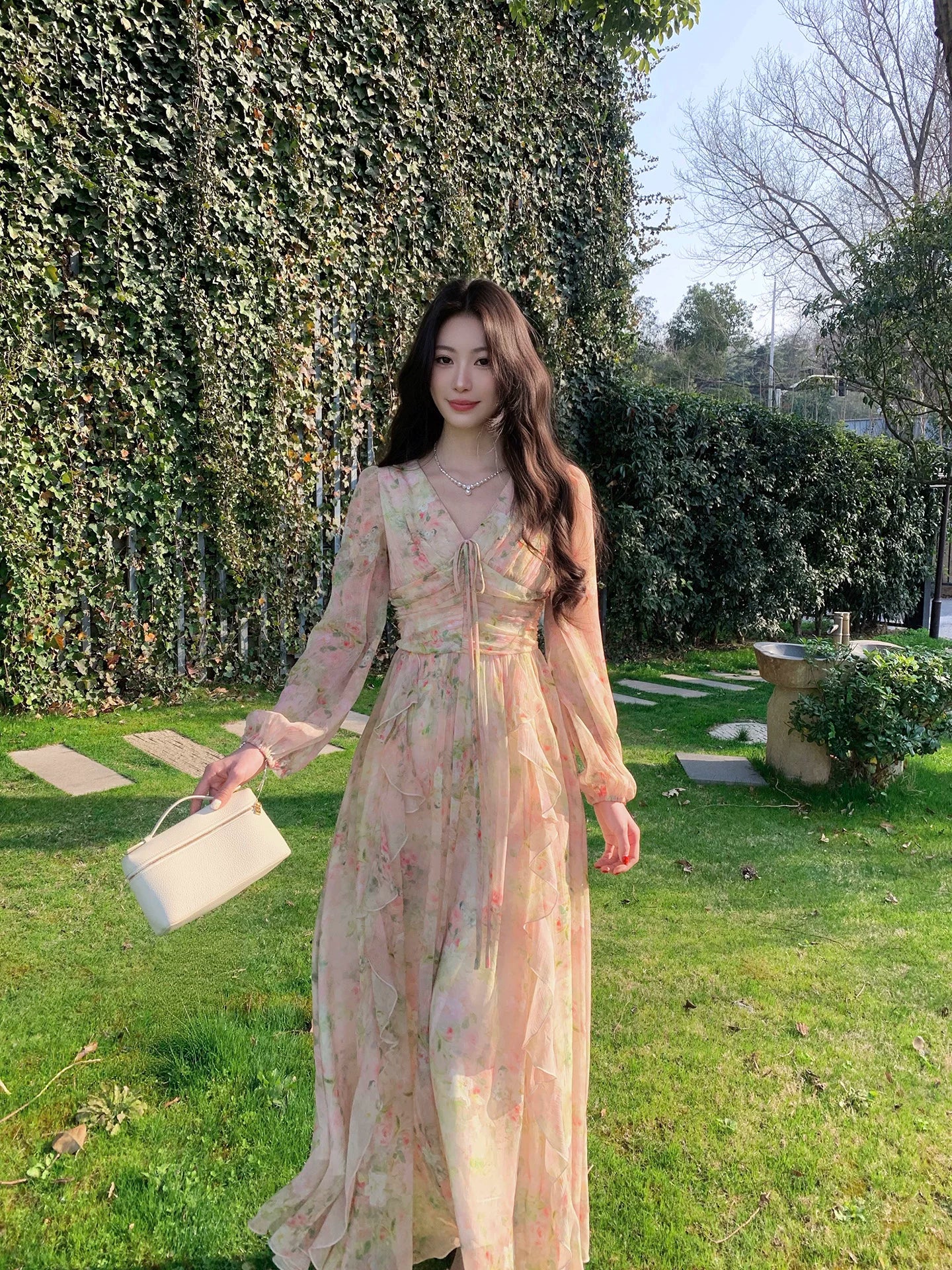 V Neck A Line Flora Dress with  Long Sleeves  L145