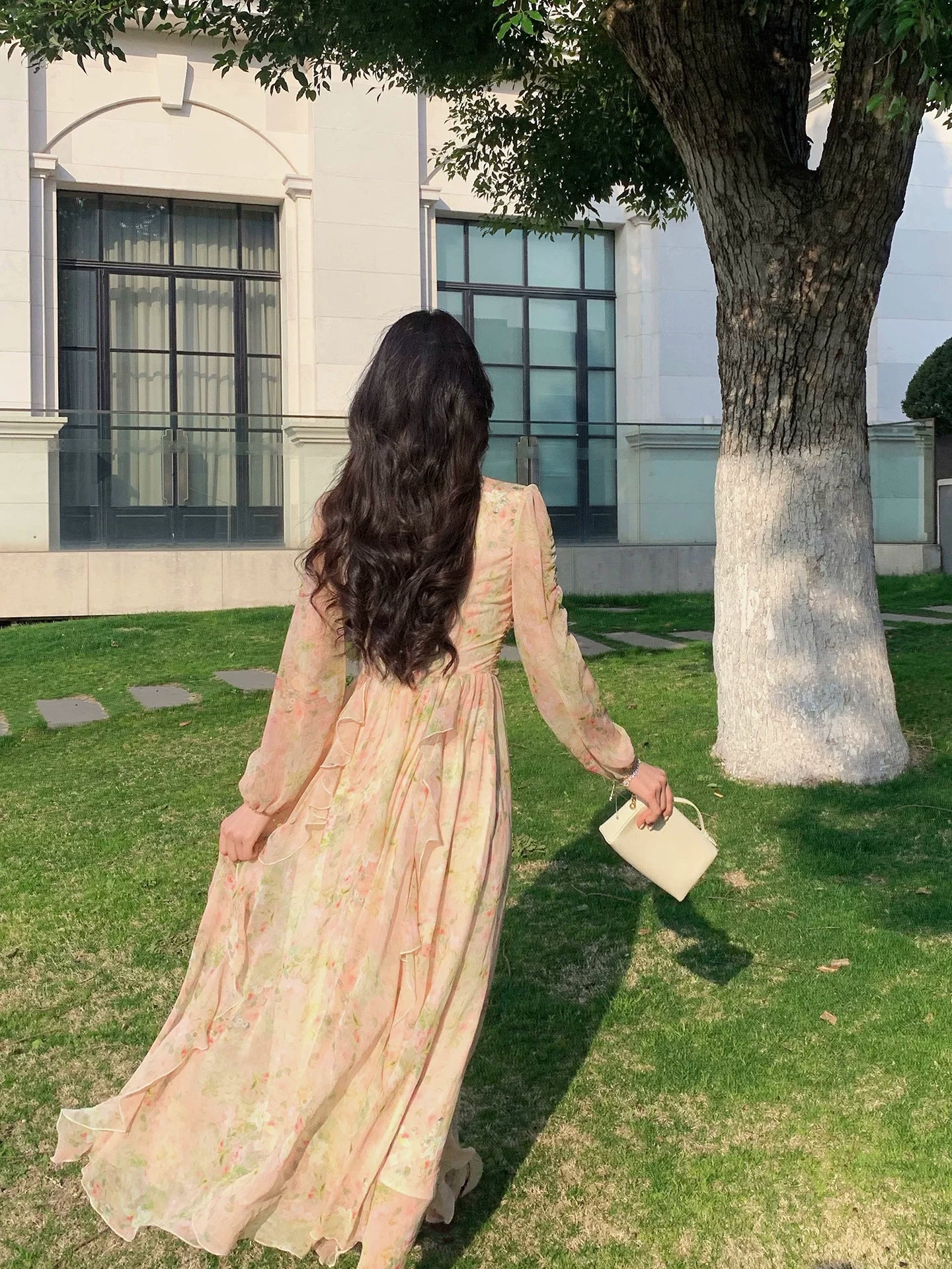 V Neck A Line Flora Dress with  Long Sleeves  L145