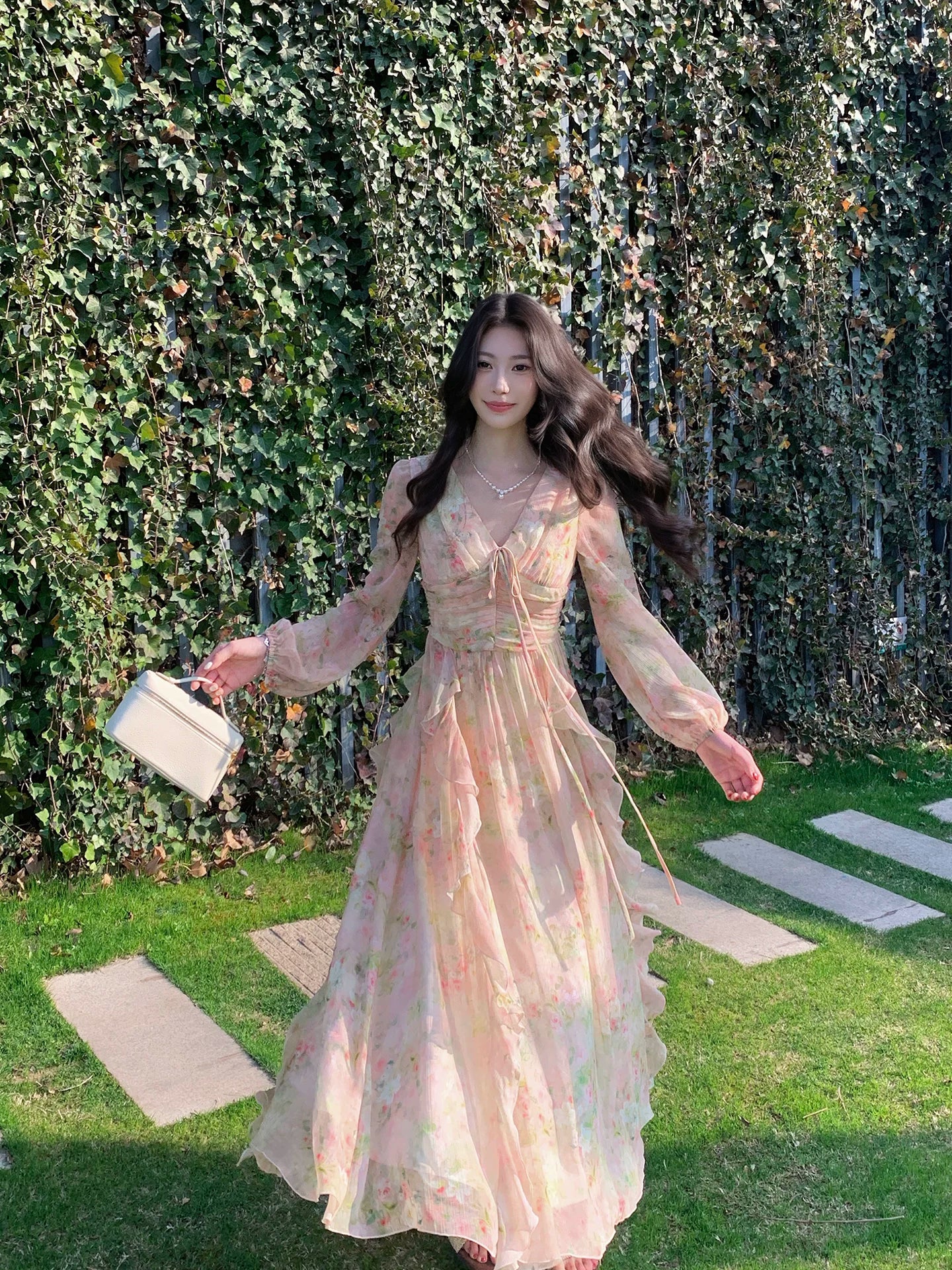 V Neck A Line Flora Dress with  Long Sleeves  L145