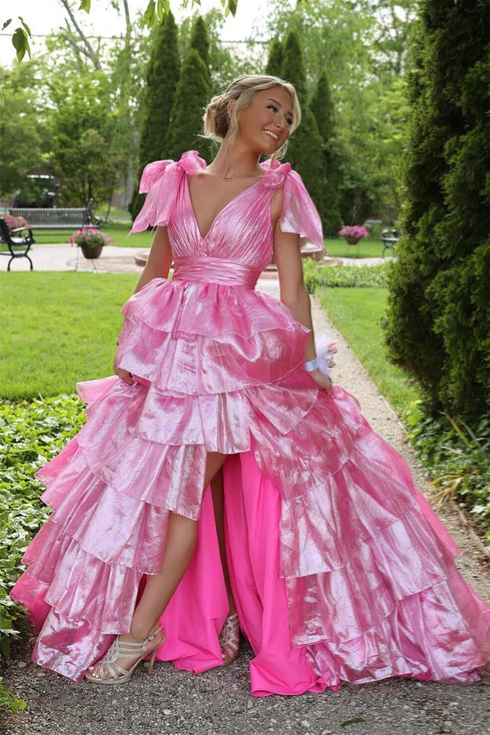 V Neck A Line Layered Pink Prom Dress With Slit  P906