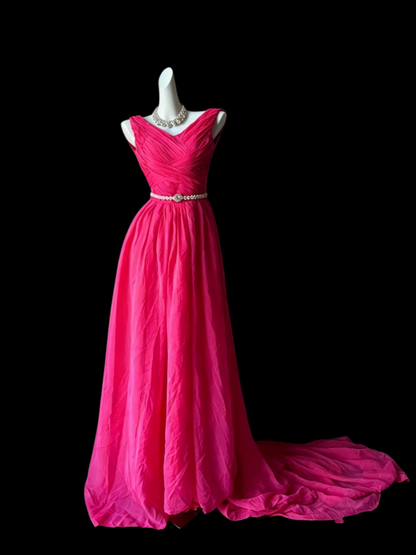 V Neck A Line Pink Chiffon Long Prom Dress Wedding Guest Dress  P1901