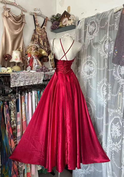 V Neck A Line Red Satin Formal Prom Dress Wedding Guest Dress  P2039