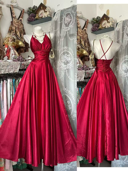 V Neck A Line Red Satin Formal Prom Dress Wedding Guest Dress  P2039