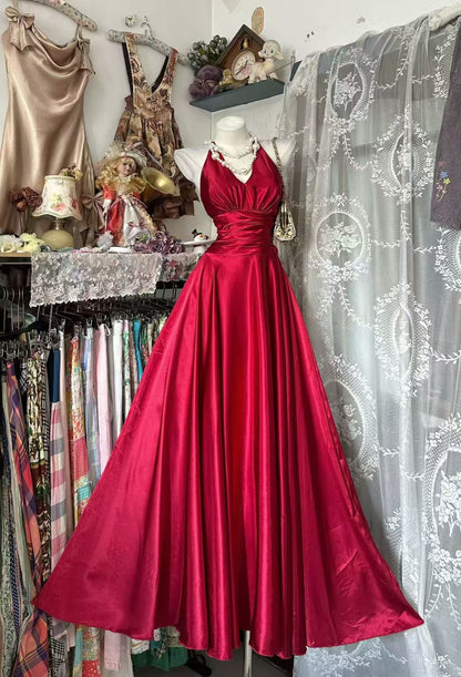 V Neck A Line Red Satin Formal Prom Dress Wedding Guest Dress  P2039