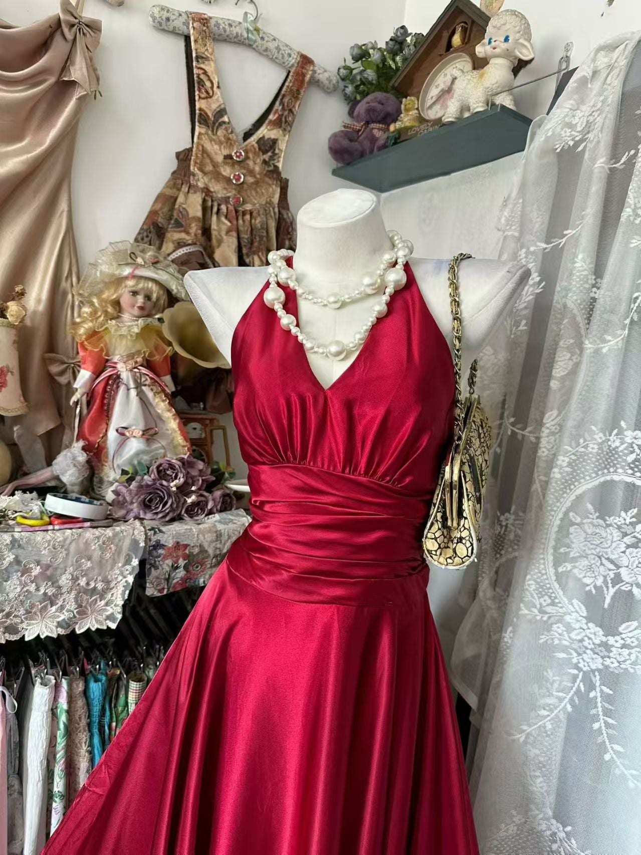 V Neck A Line Red Satin Formal Prom Dress Wedding Guest Dress  P2039