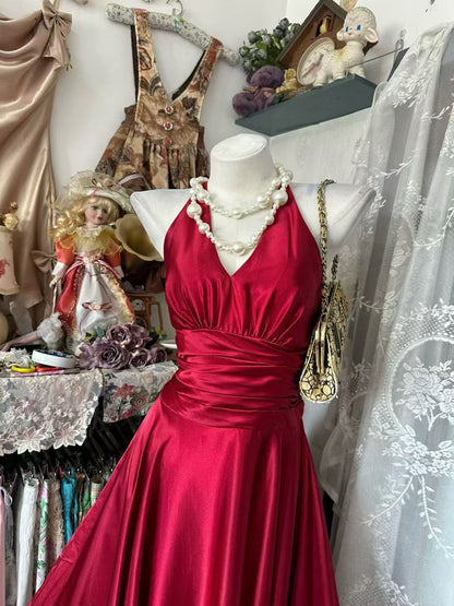 V Neck A Line Red Satin Formal Prom Dress Wedding Guest Dress  P2039
