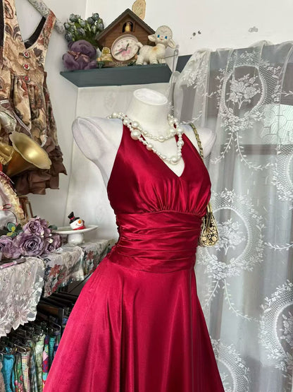 V Neck A Line Red Satin Formal Prom Dress Wedding Guest Dress  P2039