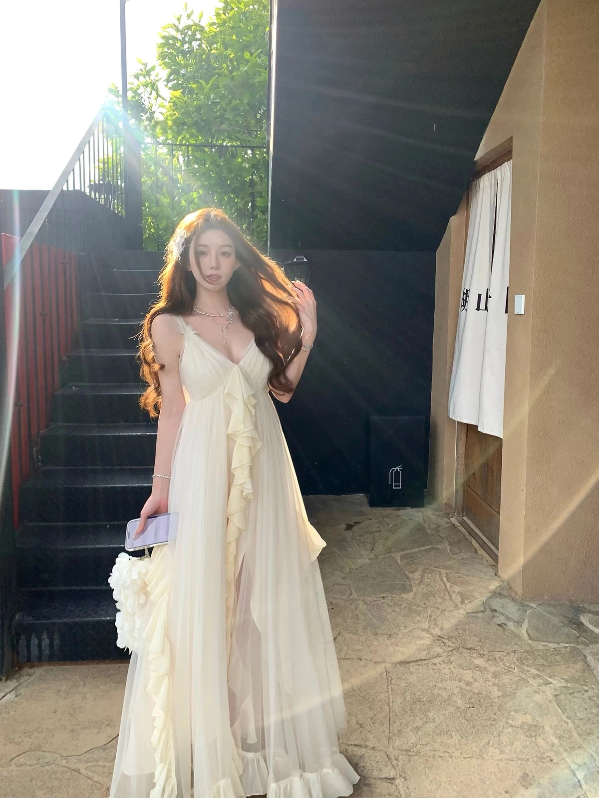 V Neck A Line Ruffled Wedding Dress Open Back Birthday Gown   P1406